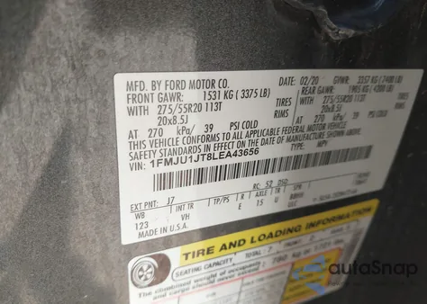 2020 Ford Expedition Xlt из США, поврежденный, VIN 1FMJU1JT8LEA43656